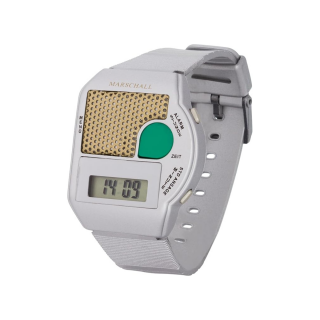 Sprechende Armbanduhr silber mit großem grünen Knopf