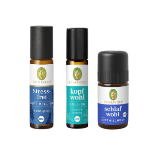 PRIMAVERA Schlafwohl Komplettset – Bio Aromatherapie mit Lavendel, Vanille & Neroli – Duftmischung, Roll-On & Badezusatz – Entspannend, Beruhigend, Für besseren Schlaf – Vegan