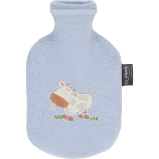 Fashy Wärmflasche für Kinder Kuh Motiv mit Fleecebezug blau